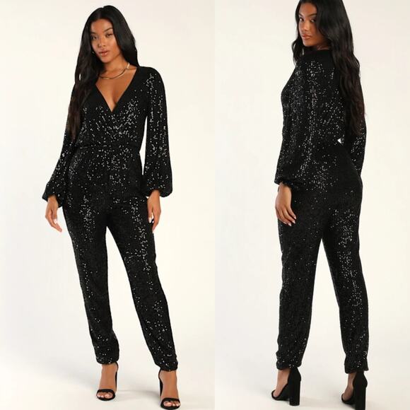 Lulus Sensational Beauty Black Sequin Surplice Long Sleeve Jumpsuit Glam Size S - Picture 1 of 4